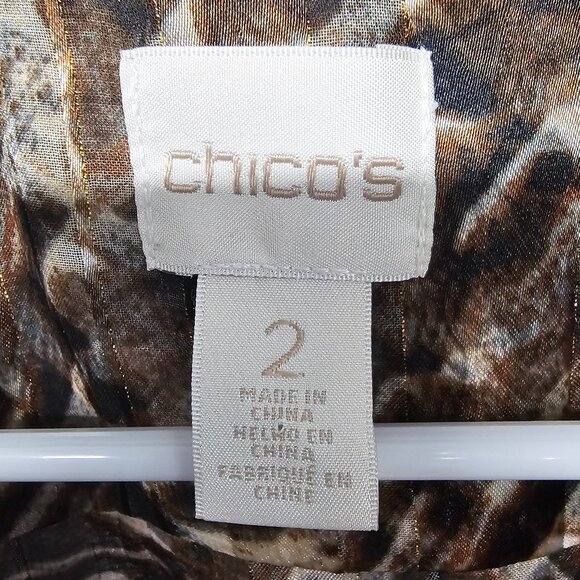 Chico's Brown Button Down Leopard Tunic Metallic Sheer Mobwife 2 (L) - Picture 9 of 12